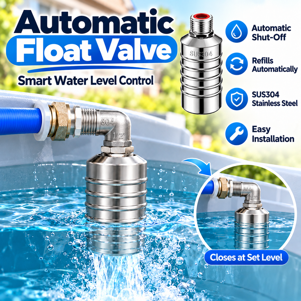 💧 304 Stainless Steel Automatic Water Level Control Valve – Auto Fill & Shutoff