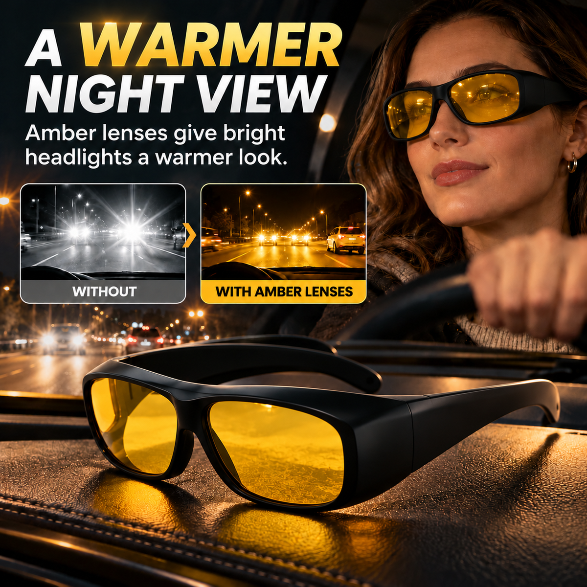 🌙 Night Driving Glasses – Anti-Glare Amber Lenses & Wraparound Design