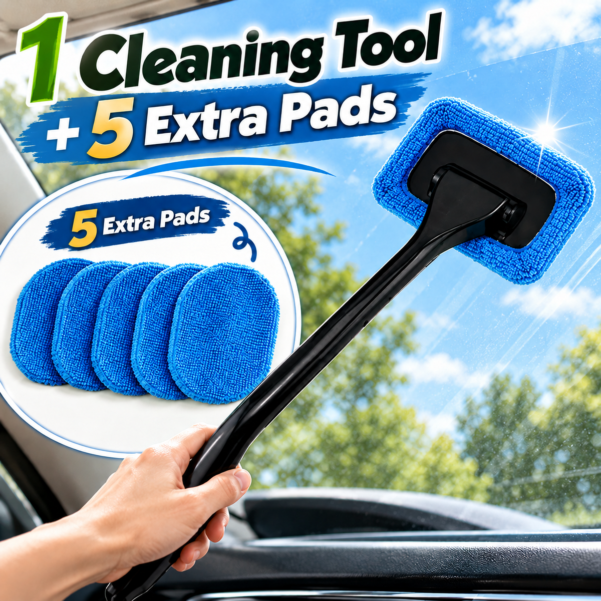 🚗 Long-Handle Car Window Cleaning Brush – 180° Rotating Head & Reusable Microfiber Pad