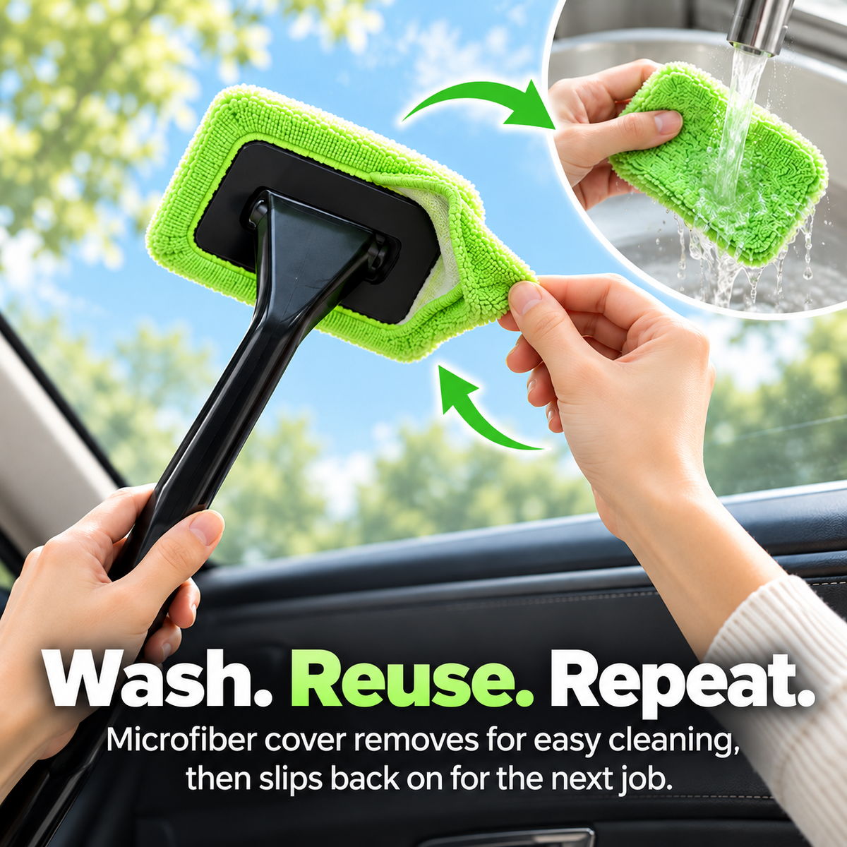 🚗 Long-Handle Car Window Cleaning Brush – 180° Rotating Head & Reusable Microfiber Pad
