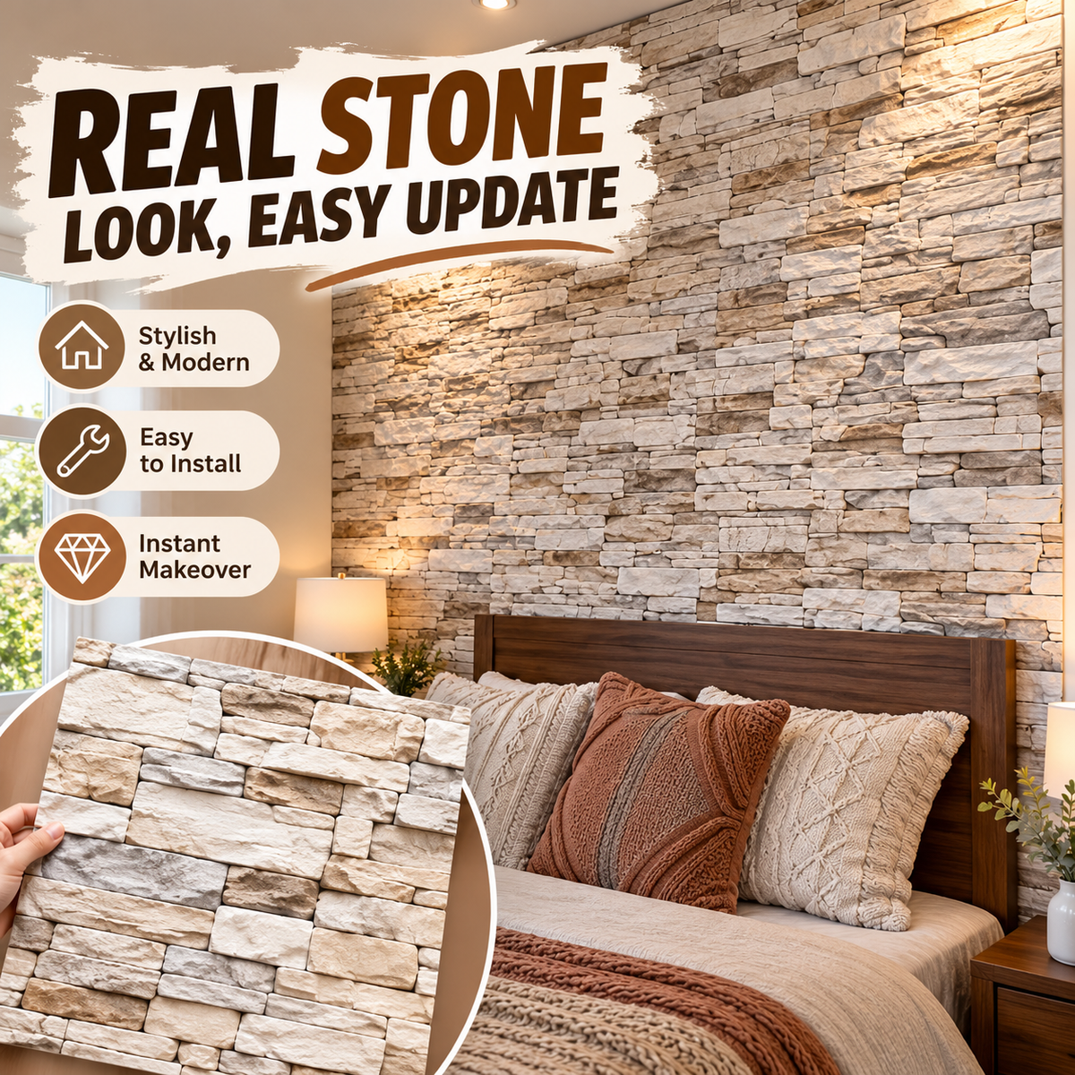 🧱 3D Faux Stone Wall Panels – Self-Adhesive Peel & Stick Wall Decor