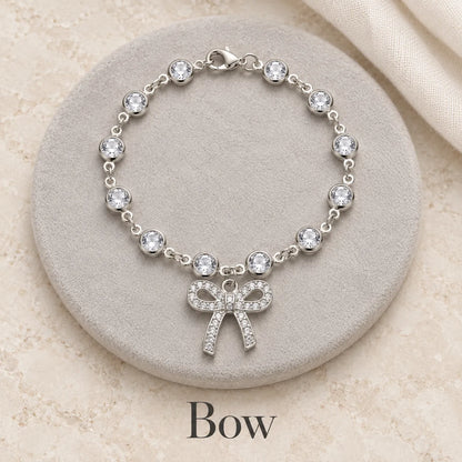 ✨ Sparkling Charm Chain with Faceted Stones – Silver-Tone Bow, Star & Cross Styles 🎁