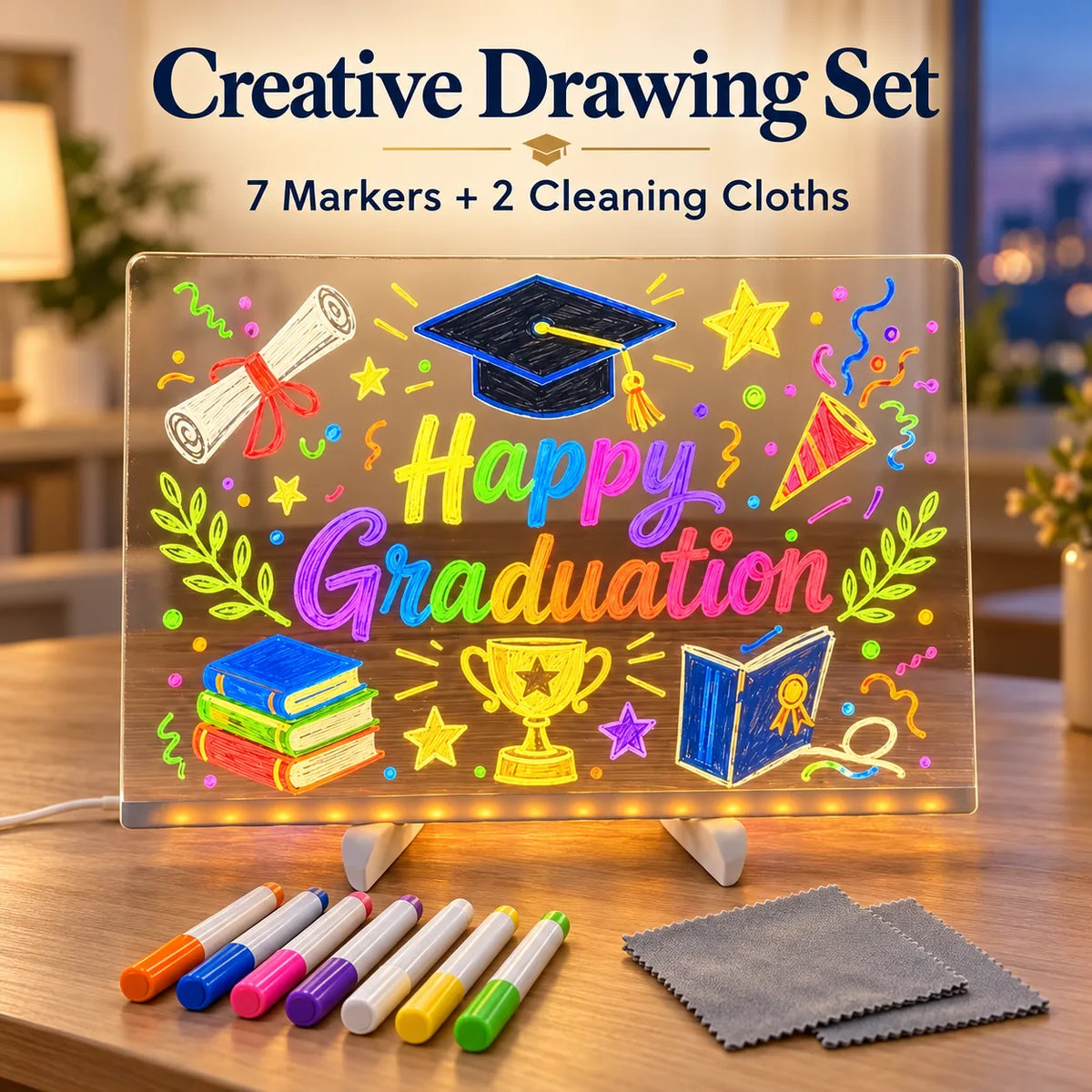 🎨 LED Light-Up Drawing Board for Kids – Reusable Clear Doodle Board with Colorful Markers & Adjustable Stand ✨