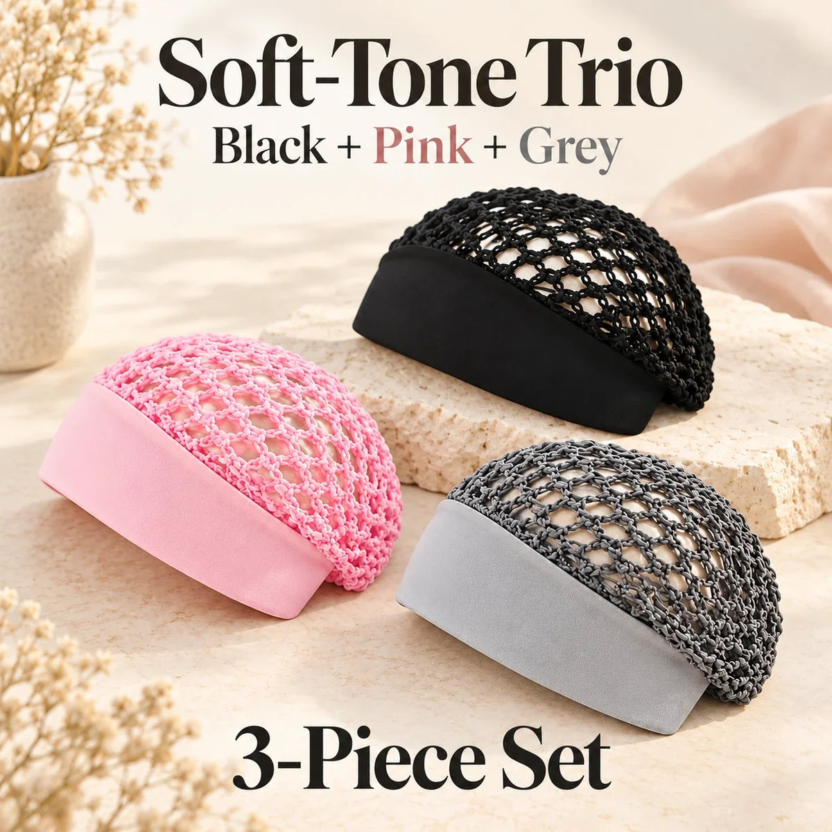 🌙 Sleep Cap 3-Pack — Open-Weave, Wide Band Bedtime Hair Wrap
