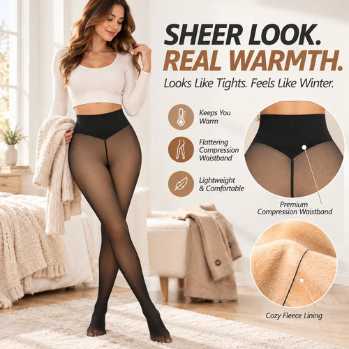 Sheer-Look Fleece-Lined High-Waist Tights for Winter