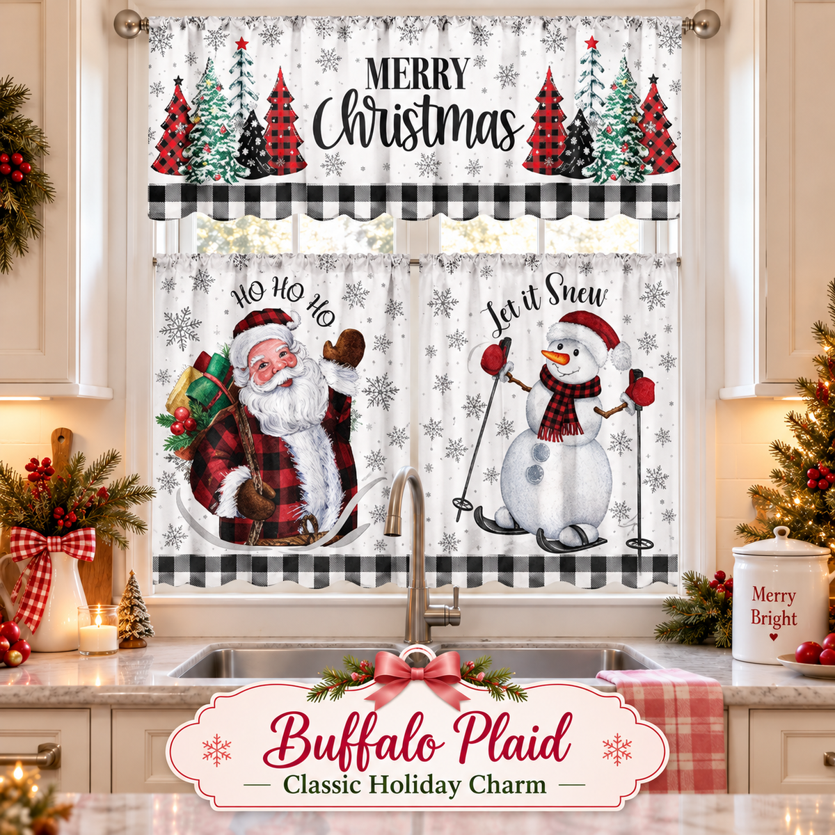 🎄 Christmas Buffalo Plaid Kitchen Curtain & Valance 3-Piece Set