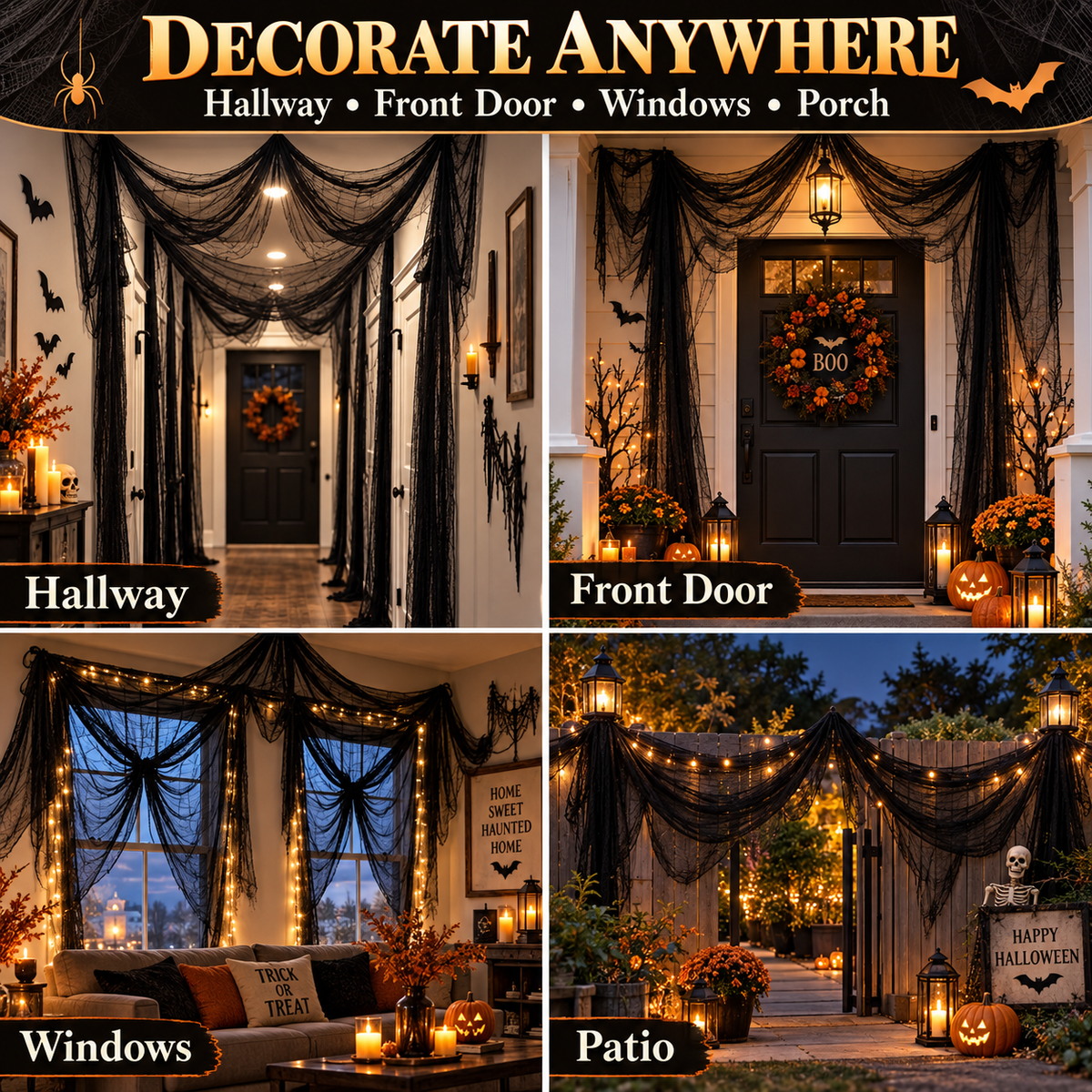 Halloween Spooky Creepy Cloth & Haunted House Spider Web Drape 🕷️👻