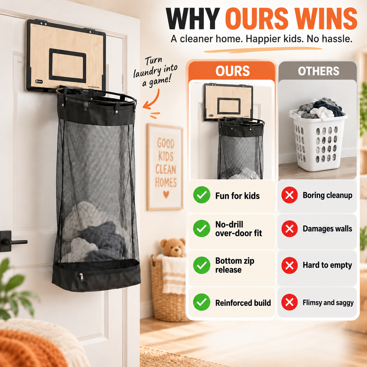 🏀 Slam Dunk Laundry Hamper: Turn Messy Rooms Into Fun!