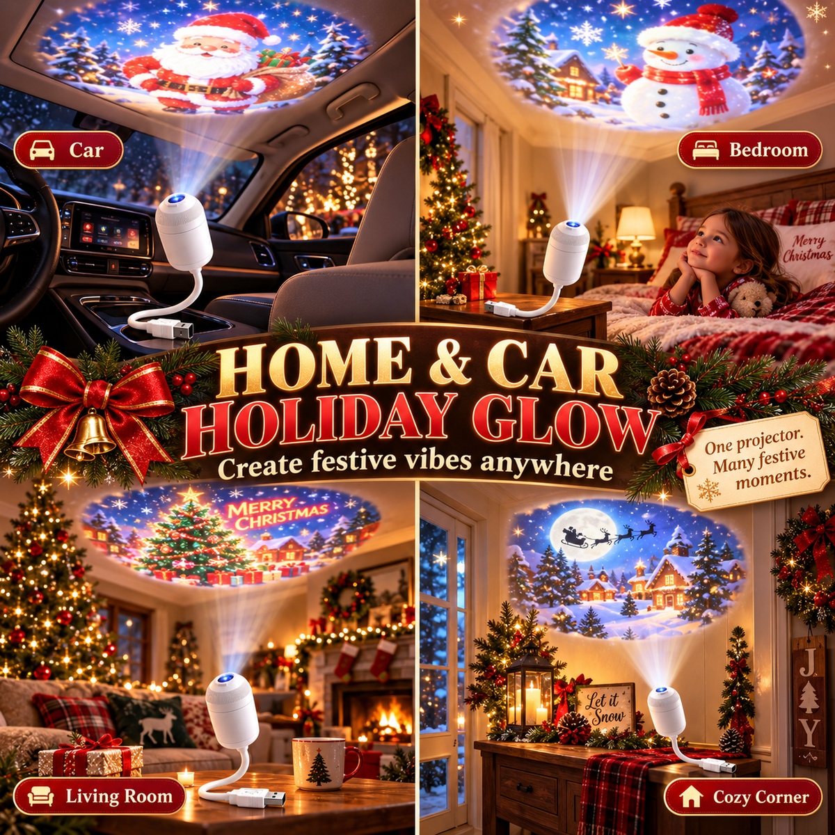 🎅 USB Christmas Atmosphere Projection Night Light for Car & Room