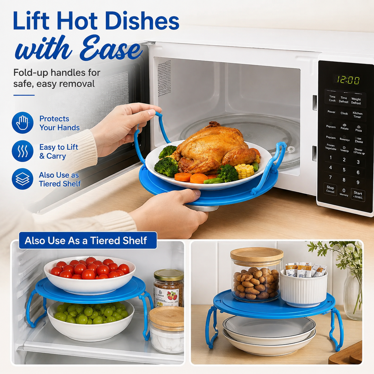 Fold-up handles used to carry a dish