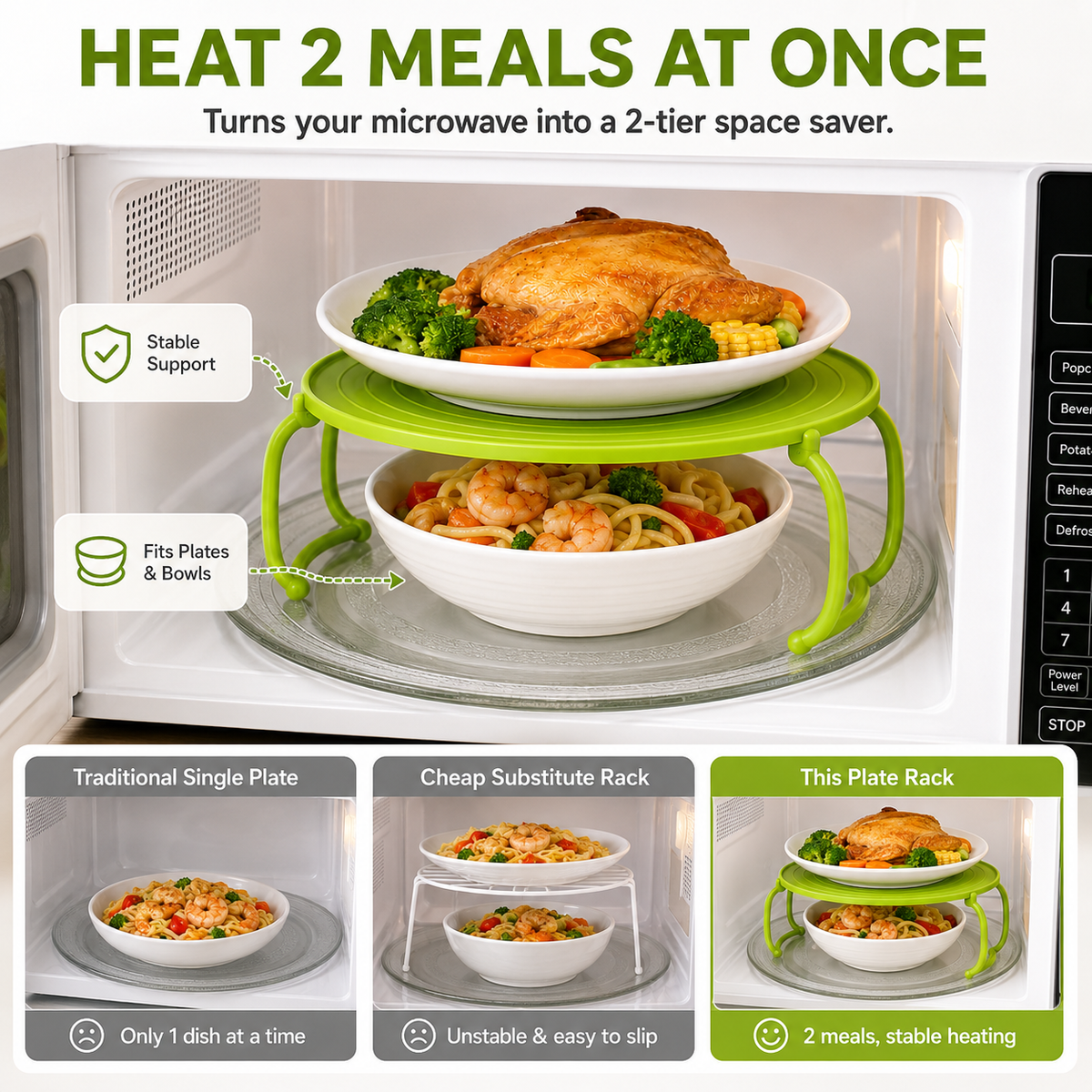 Foldable microwave plate rack used to heat two dishes at once