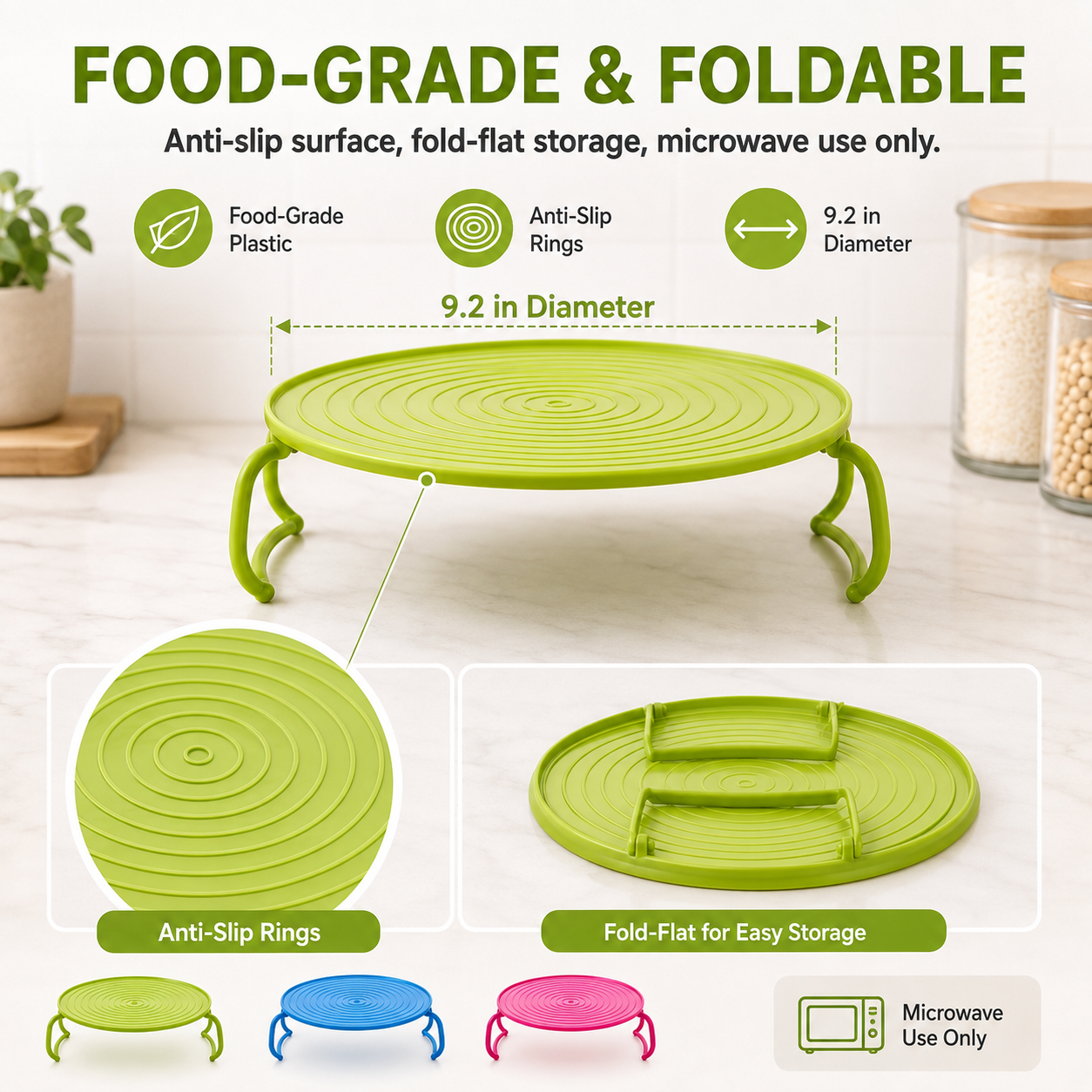 Foldable microwave rack shown flat and upright