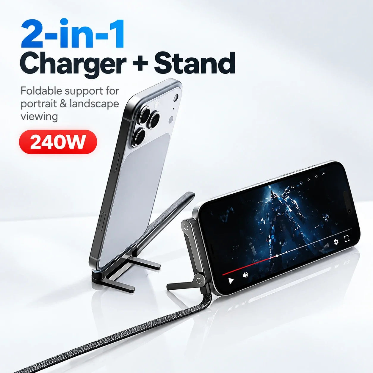 240W Invisible Stand USB-C Cable | Foldable Fast Charger (5ft)