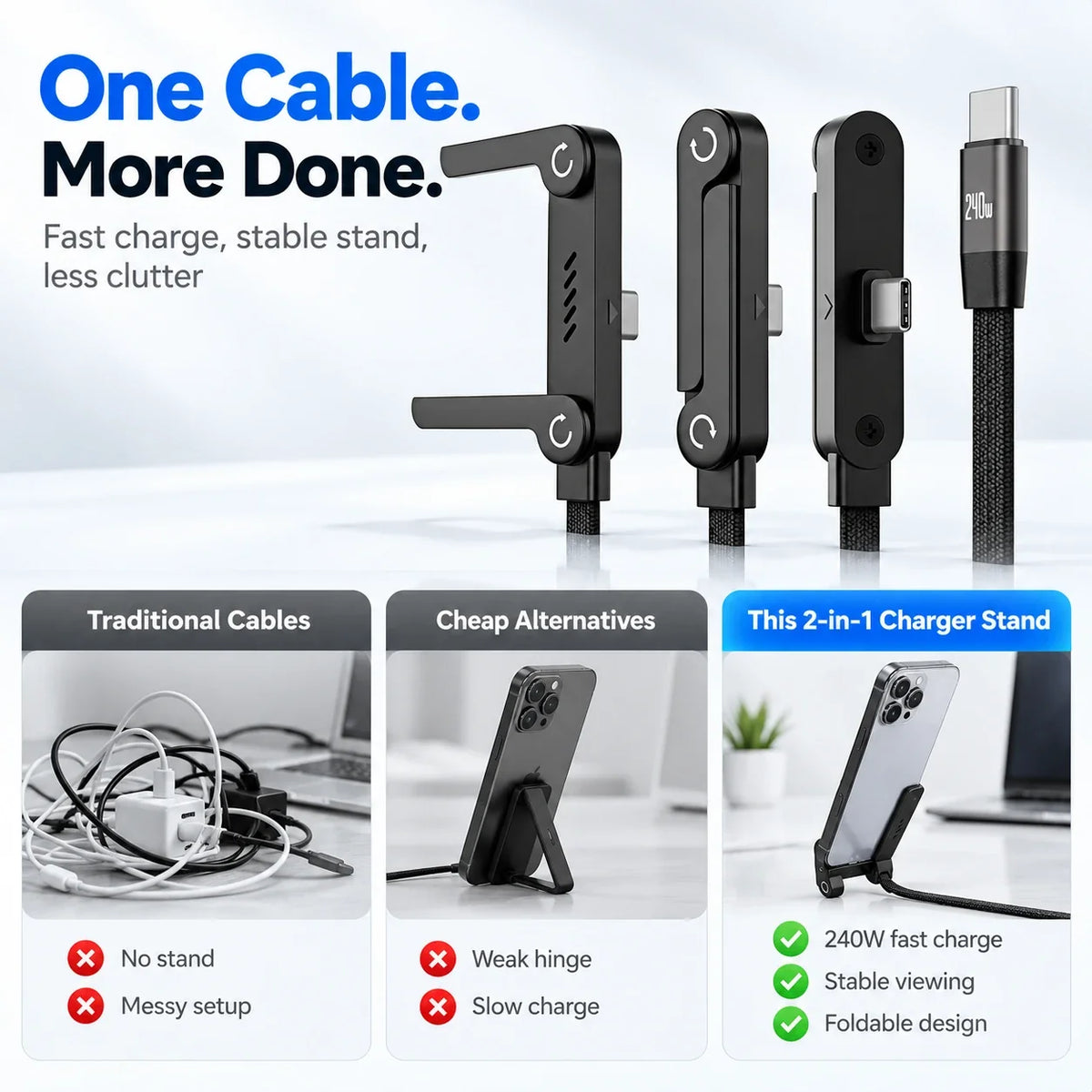 240W Invisible Stand USB-C Cable | Foldable Fast Charger (5ft)