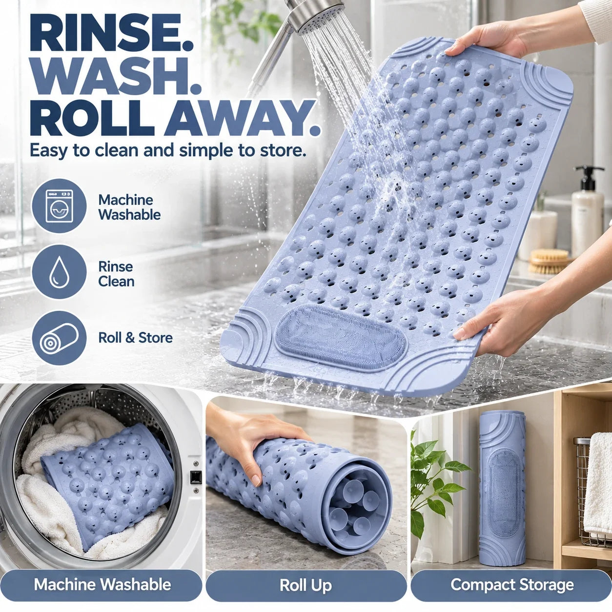Non-Slip Shower & Bath Mat with Foot Scrubber (27"x15")