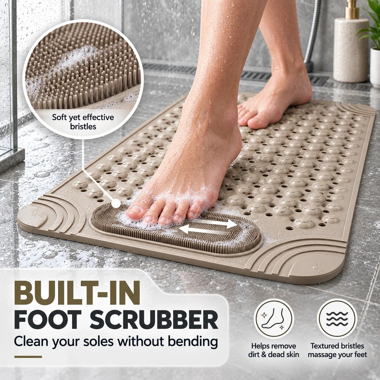 Non-Slip Shower & Bath Mat with Foot Scrubber (27"x15")
