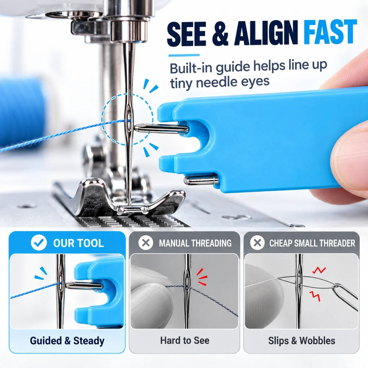 Sewing Machine Needle Threader with Guide, Magnet & Ruler