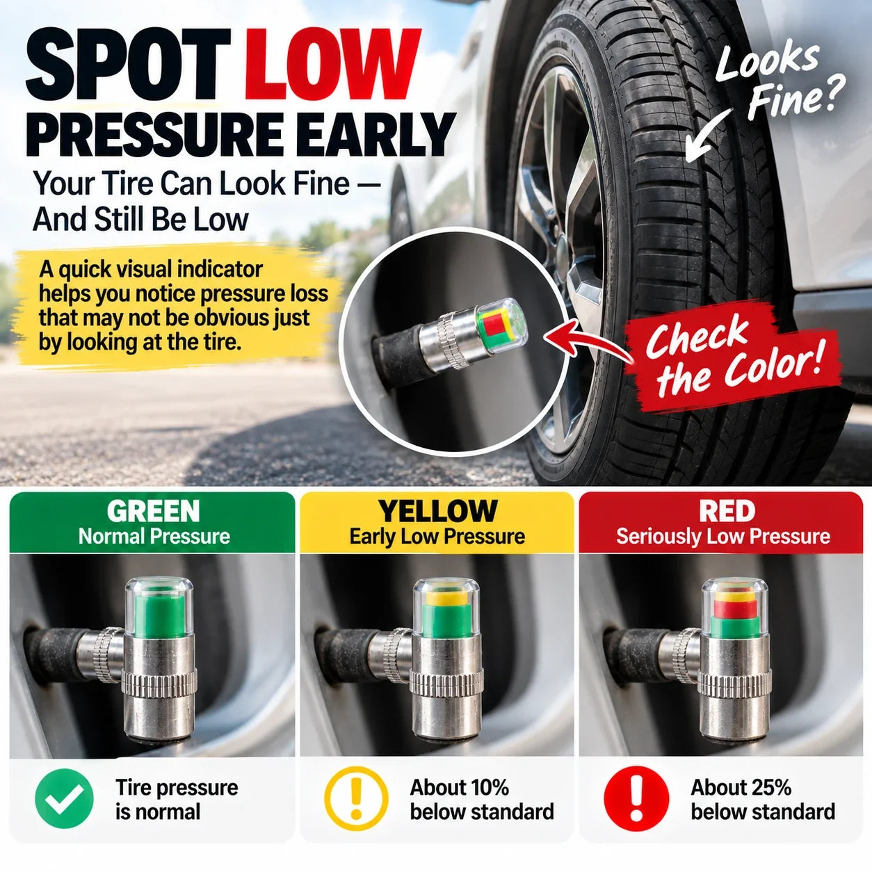 Color-Coded Tire Pressure Indicator Valve Caps | 4PCS