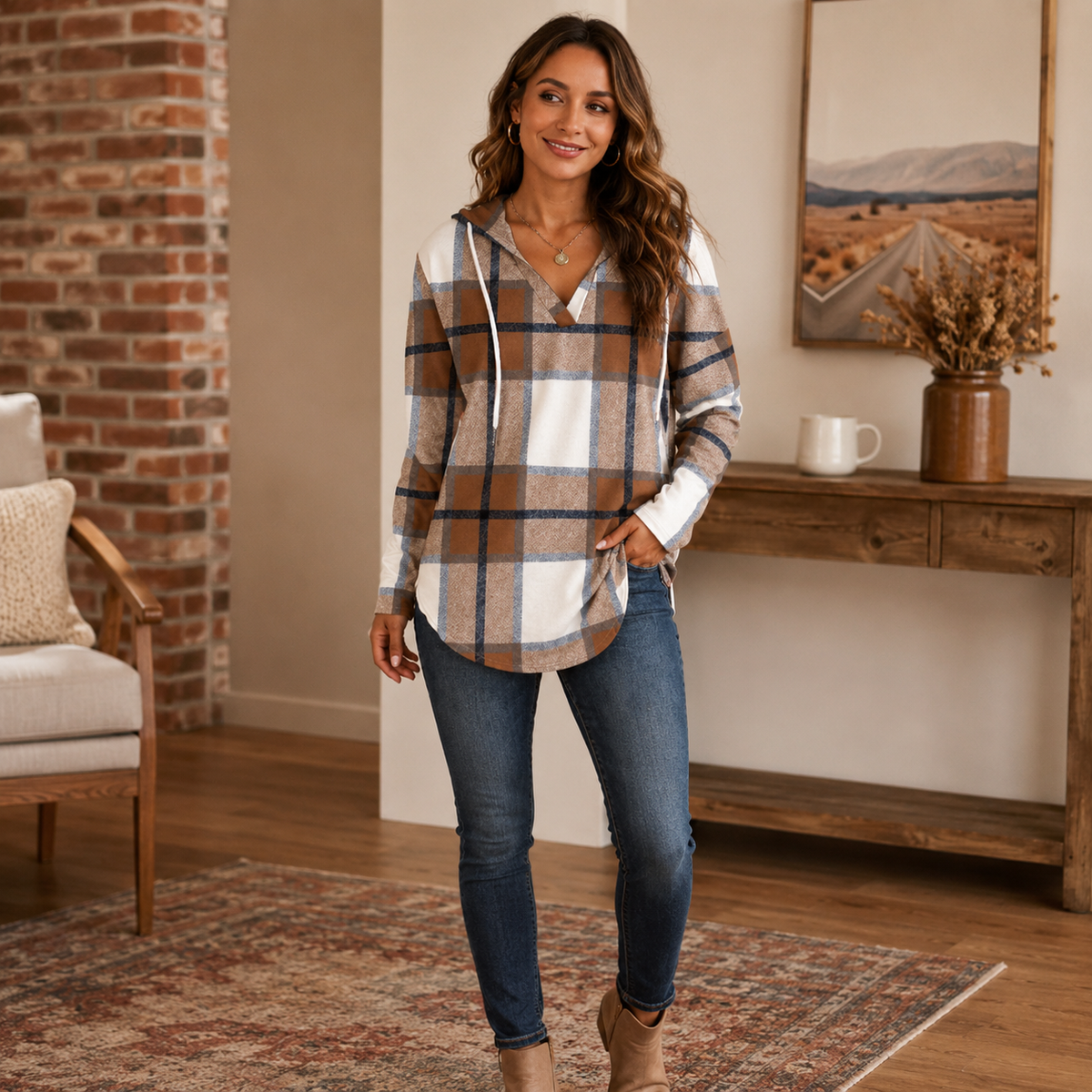🔥 Top-Selling Classic Plaid V-Neck Hoodie