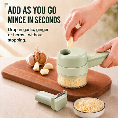 🧄 4-in-1 Handheld Electric Vegetable Cutter – Portable Wireless Food Chopper, Slicer & Garlic Masher 🥗🔪