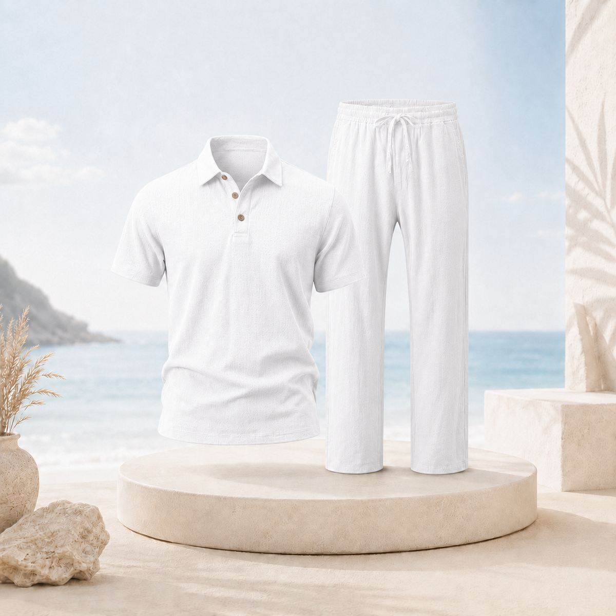 Men's Breathable Cotton Linen Resort Polo & Pants 2-Piece Set
