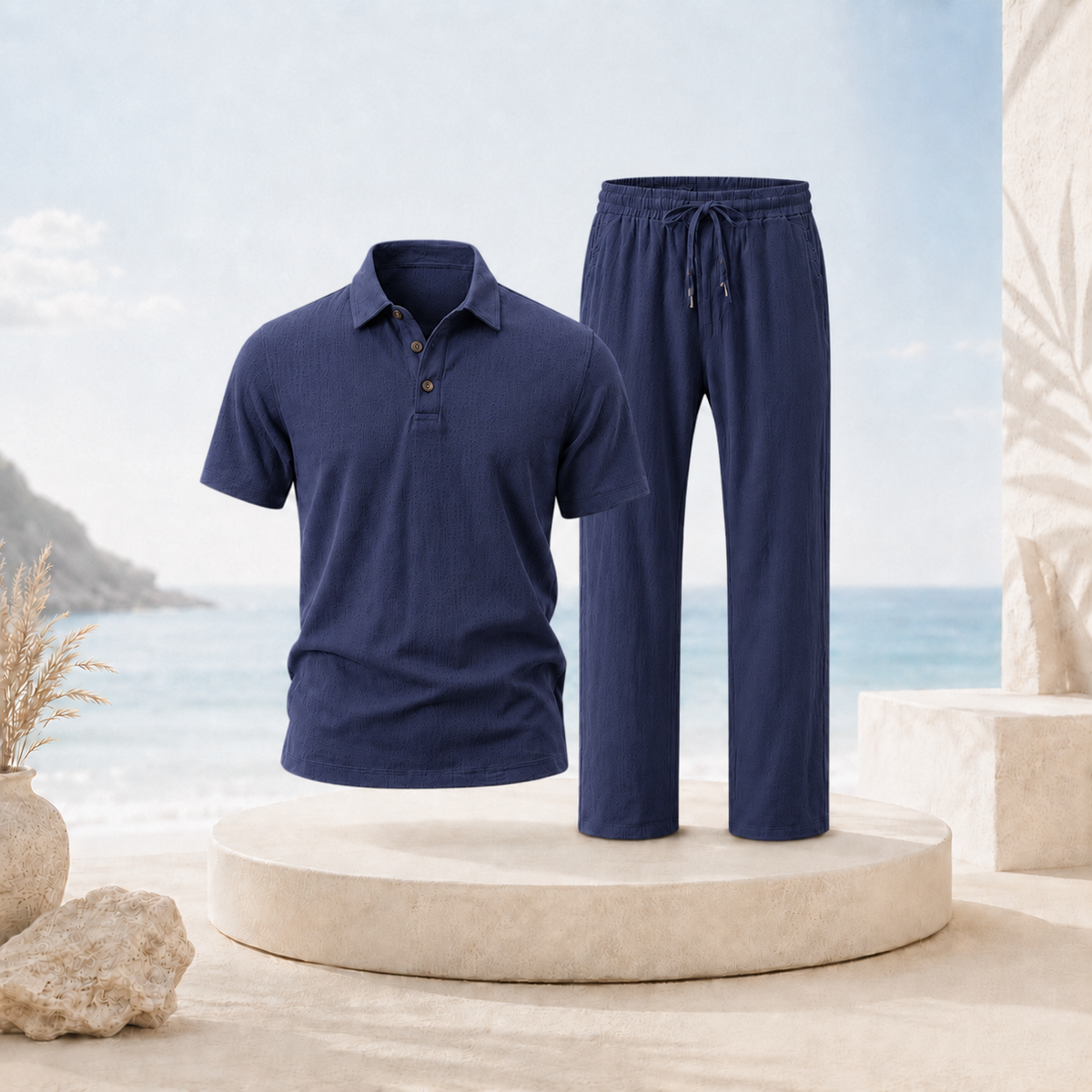 Men's Breathable Cotton Linen Resort Polo & Pants 2-Piece Set