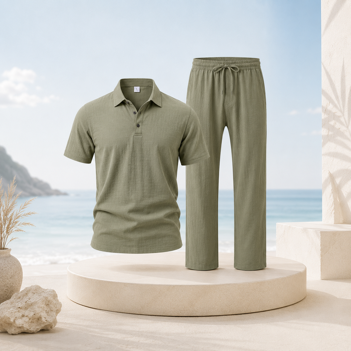 Men's Breathable Cotton Linen Resort Polo & Pants 2-Piece Set