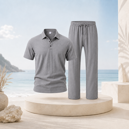 Men's Breathable Cotton Linen Resort Polo & Pants 2-Piece Set