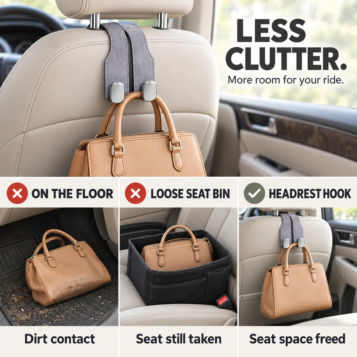 Car Headrest Hooks for Bags | Dual Hook Organizer