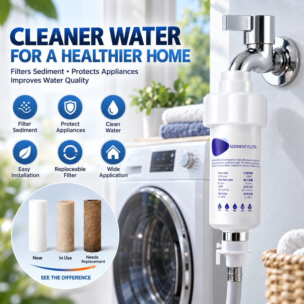 💧 50% OFF 5μm Sediment Water Filter – Cleaner Water For Washing Machine & Home