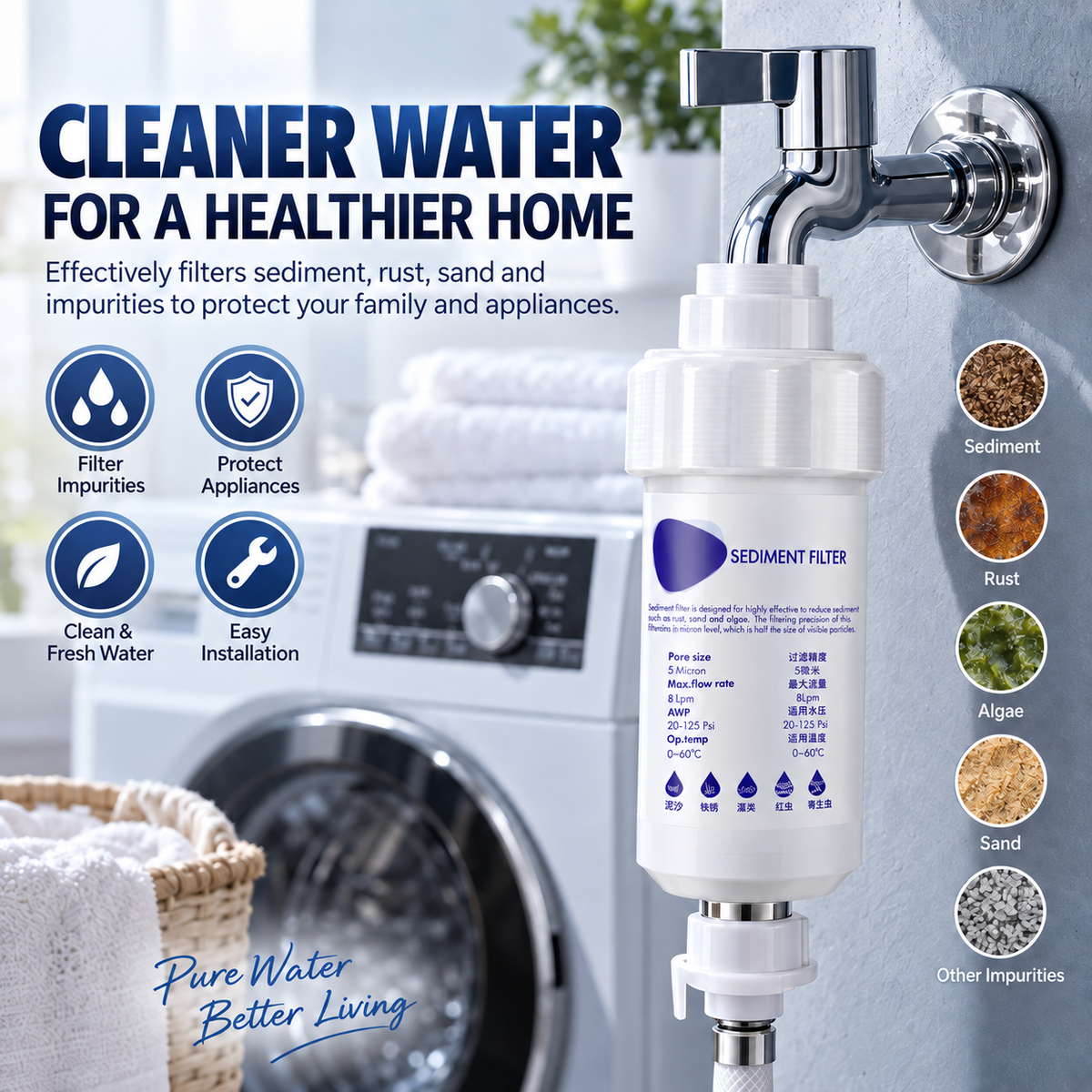 💧 50% OFF 5μm Sediment Water Filter – Cleaner Water For Washing Machine & Home