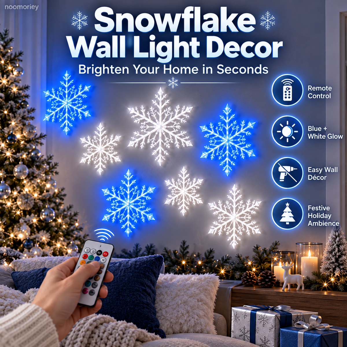 ❄️ LED Snowflake Wall Lights  – Blue & White Christmas Holiday Decor
