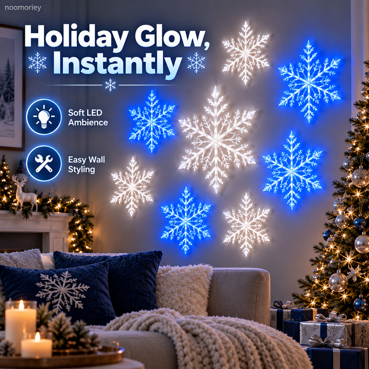 ❄️ LED Snowflake Wall Lights  – Blue & White Christmas Holiday Decor