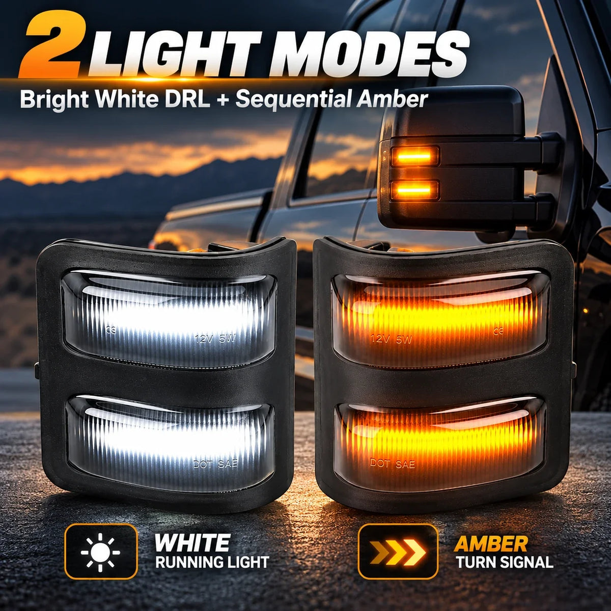 White running light and amber sequential turn signal modes