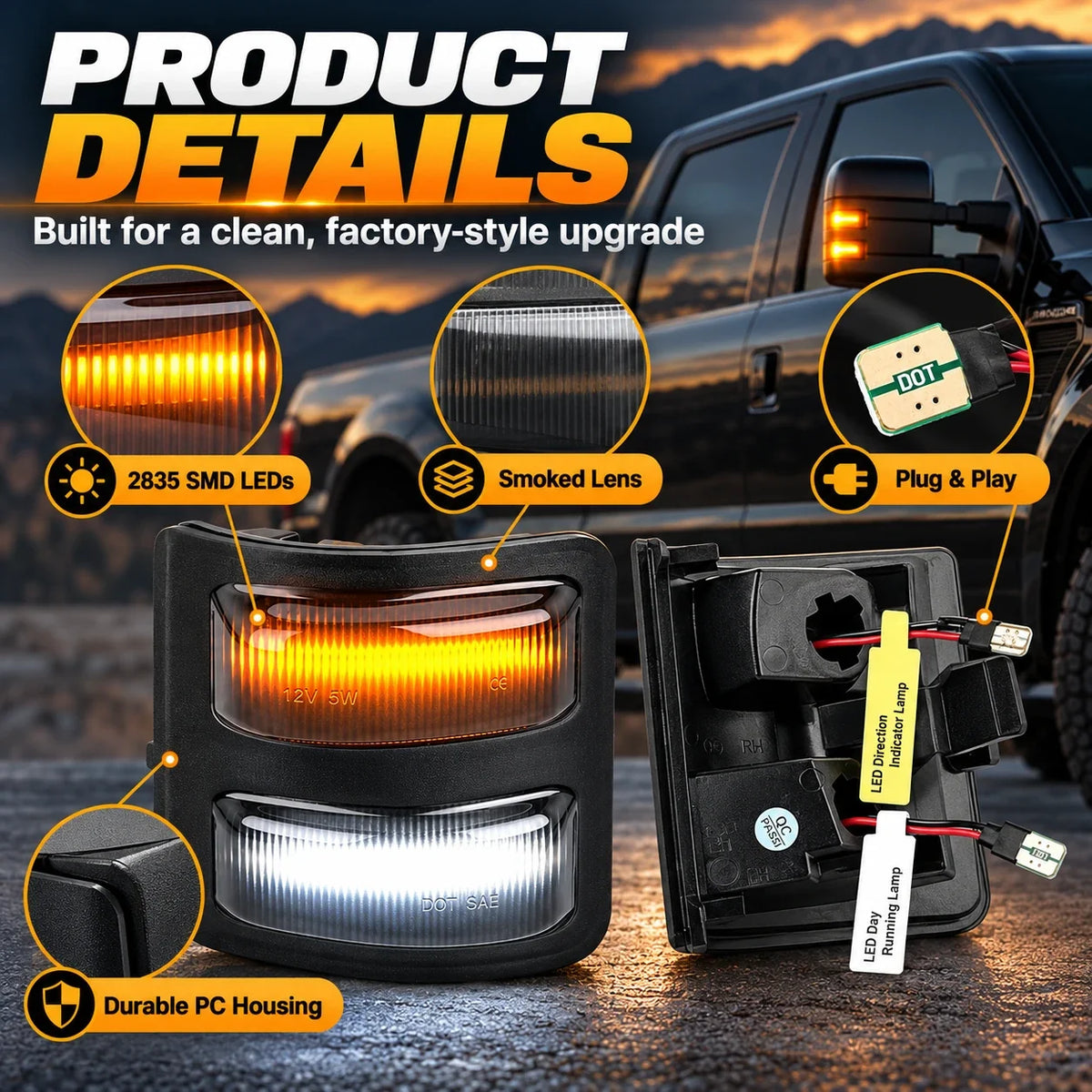 Smoked lens LED mirror light front and rear housing details