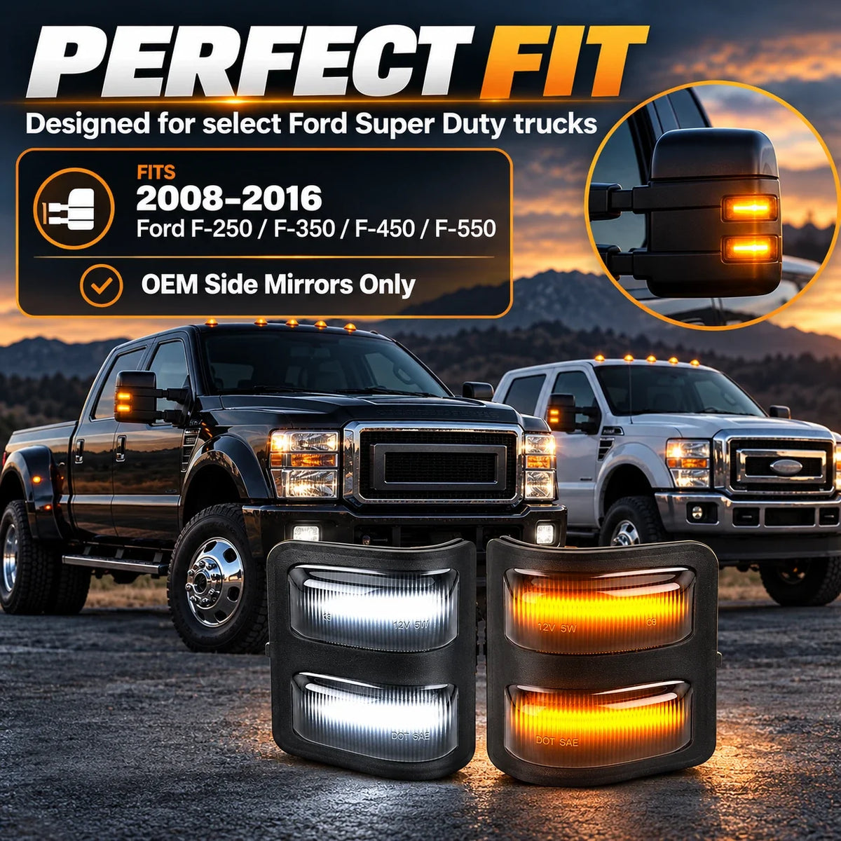 Mirror light fitment for select 2008–2016 Ford Super Duty factory towing mirrors