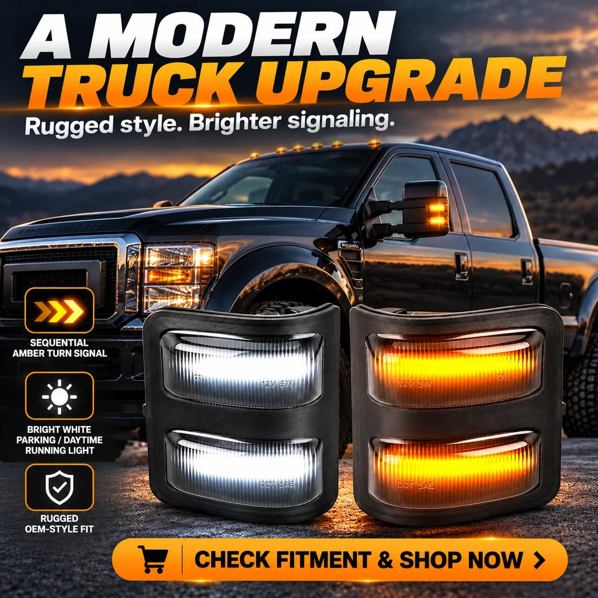 Truck mirror light upgrade with amber sequential signals and white running lights