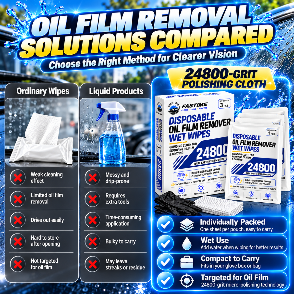 🚗 Windshield Oil Film Remover Wipes