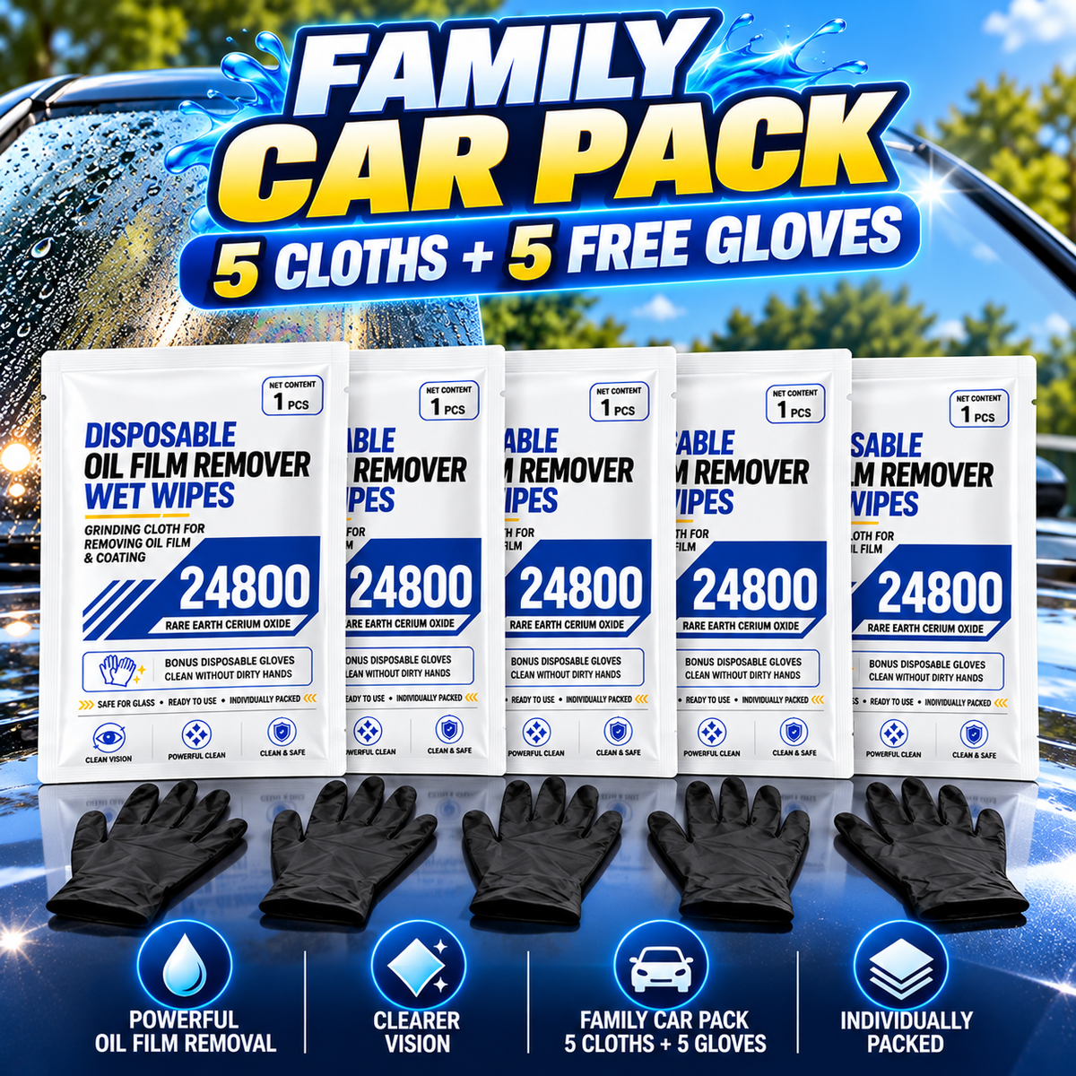 🚗 Windshield Oil Film Remover Wipes