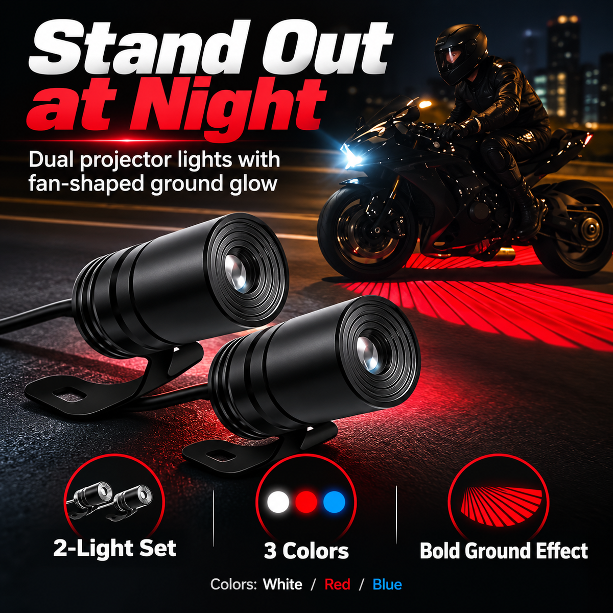 🏍️ Dual Motorcycle Laser Projector Lights – 3-Color Ground Projection Kit for a Bold Custom Look ✨