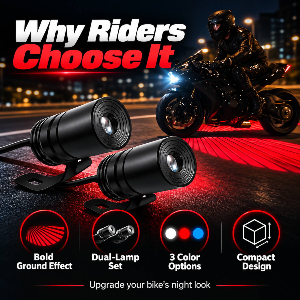 🏍️ Dual Motorcycle Laser Projector Lights – 3-Color Ground Projection Kit for a Bold Custom Look ✨