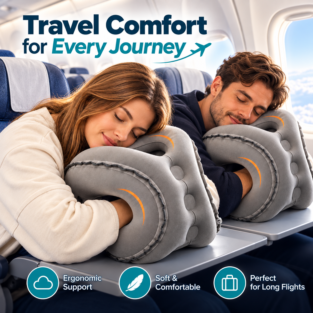 Inflatable airplane pillow – product use and travel rest demonstration