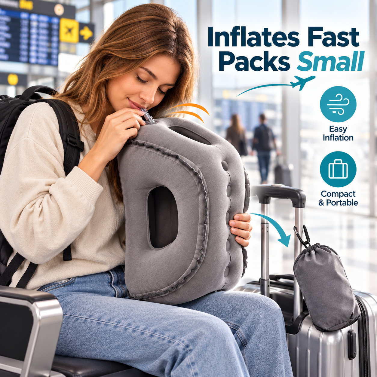 Inflatable airplane travel pillow shown in use – static illustration