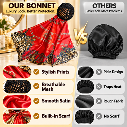 Chic 2-in-1 Red Chain Silk Headscarf & Hair Net Cap 👑