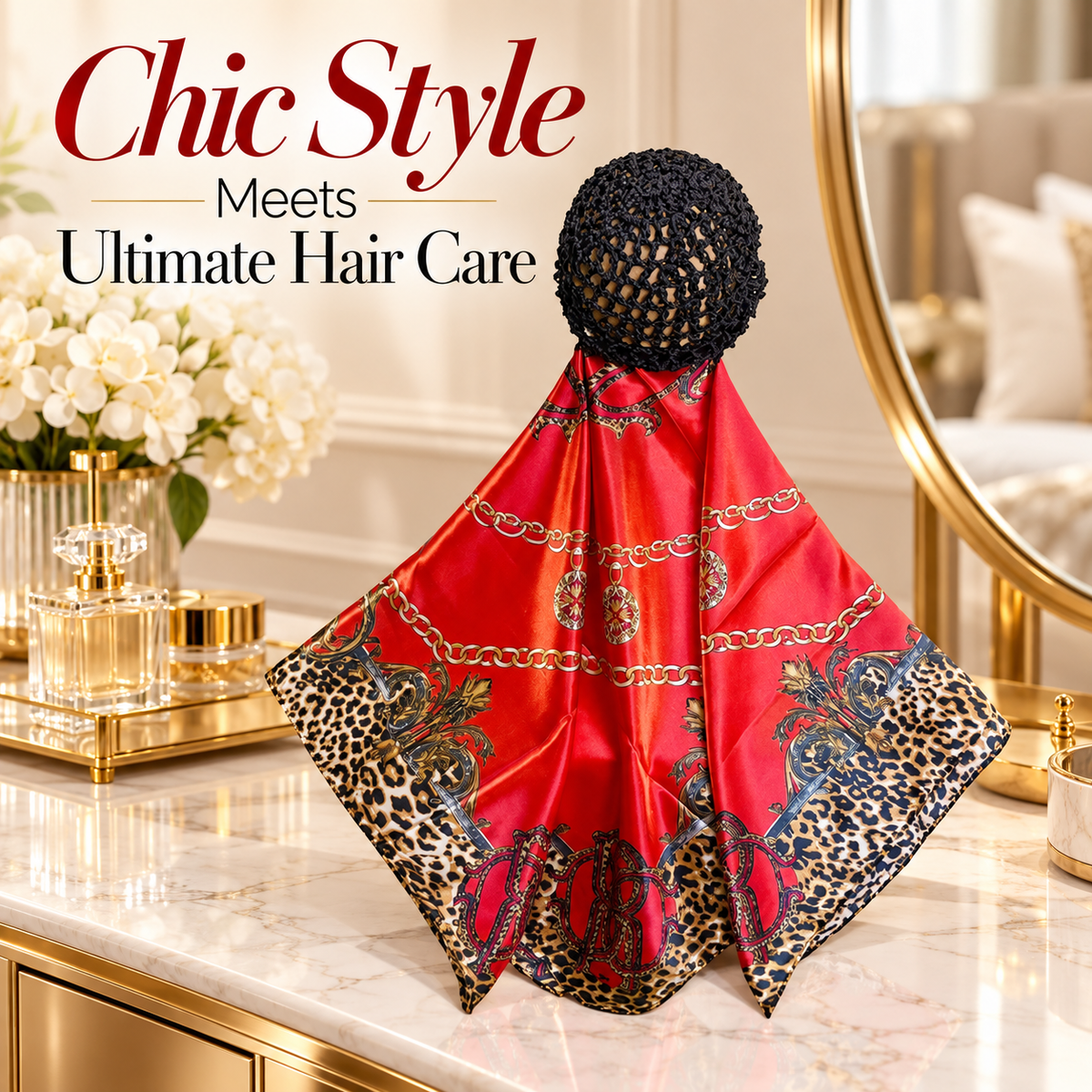 Chic 2-in-1 Red Chain Silk Headscarf & Hair Net Cap 👑
