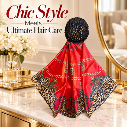 Chic 2-in-1 Red Chain Silk Headscarf & Hair Net Cap 👑
