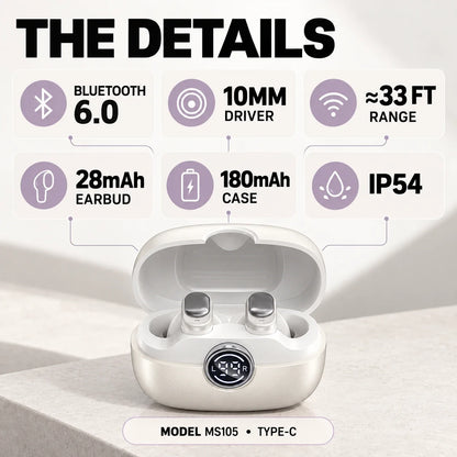 🎧 Small Buds, Big Everyday Sound | MS105 Wireless Earbuds with Clear Calls & Bluetooth 6.0