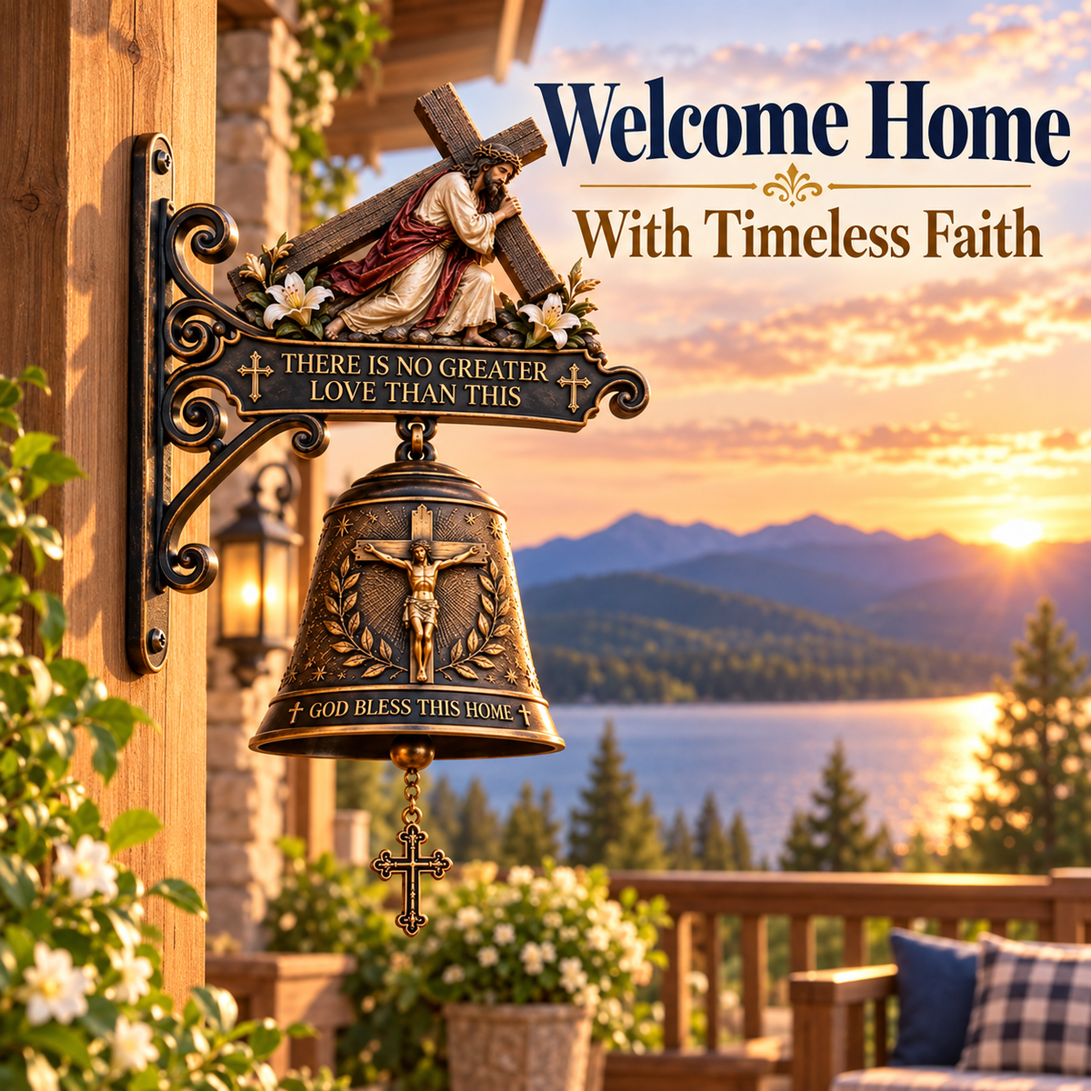 ✝️ Jesus Cross Christian Hanging Bell | “God Bless This Home” Rustic Faith-Inspired Door & Porch Decor