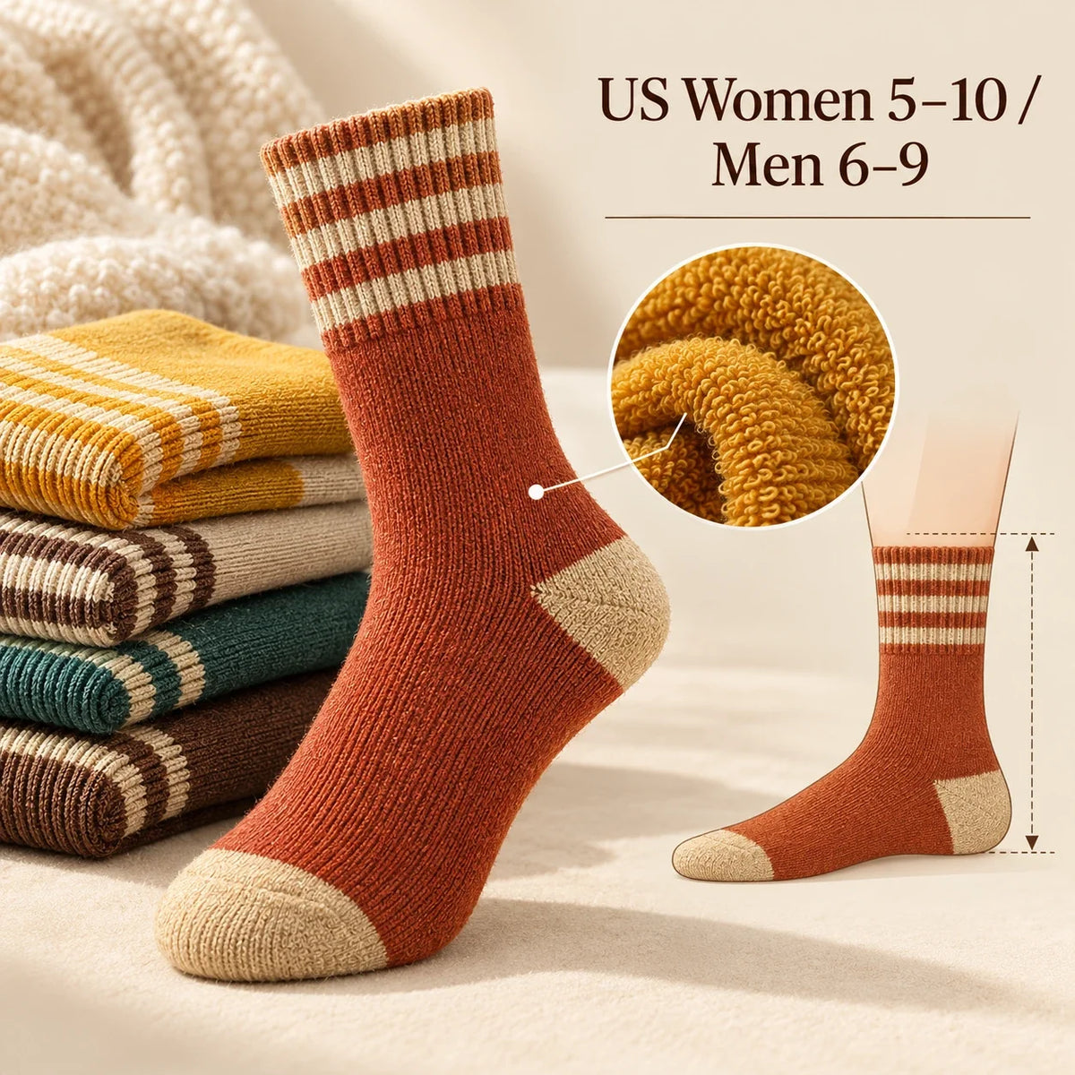 🧦 Cozy Terry Striped Winter Socks — Warm & Soft