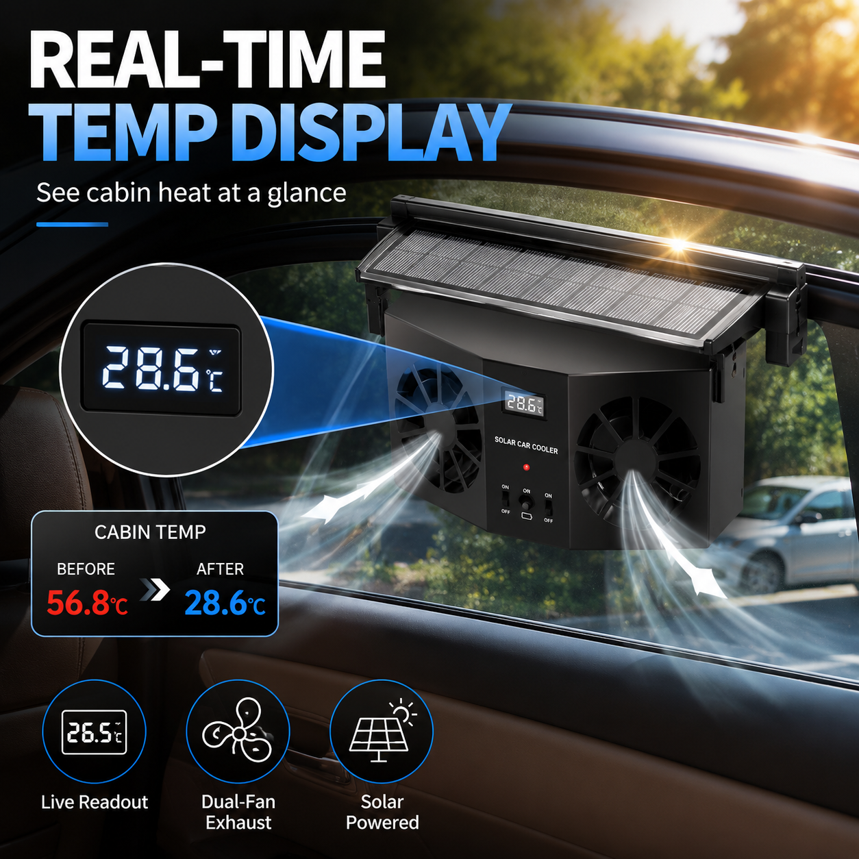 🚗 Dual-Outlet Solar Car Window Exhaust Fan
